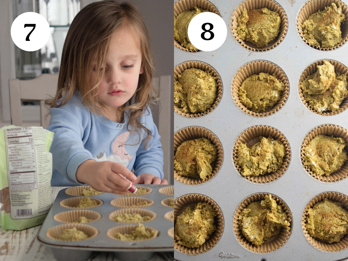 Steps 7 and 8 of the cooking process. Step 7 is sprinkling coconut sugar on top of your muffins and step 8 is cooking them. 