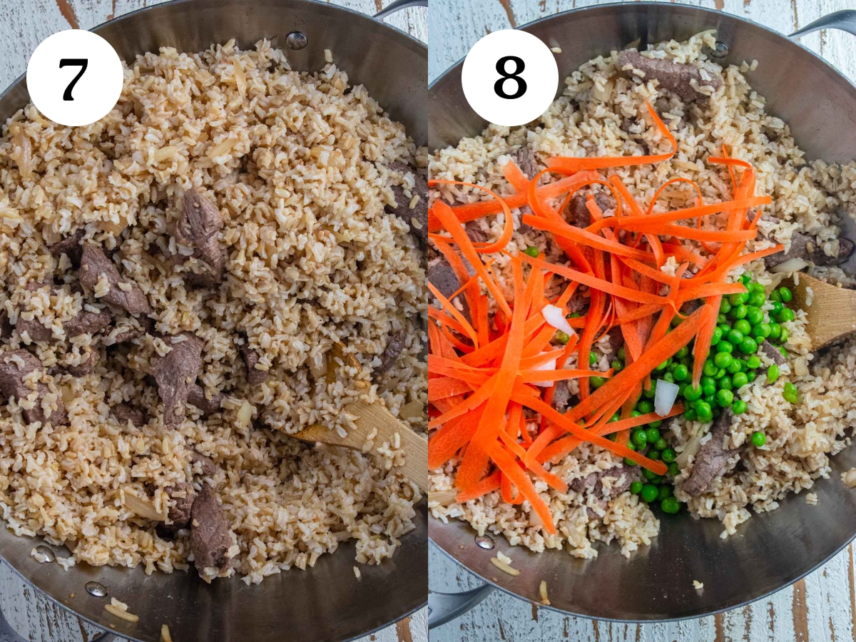 Steps 7 and 8 of the cooking process for this recipe. Step 7 is adding the cooked rice and step 8 is adding carrots and peas.