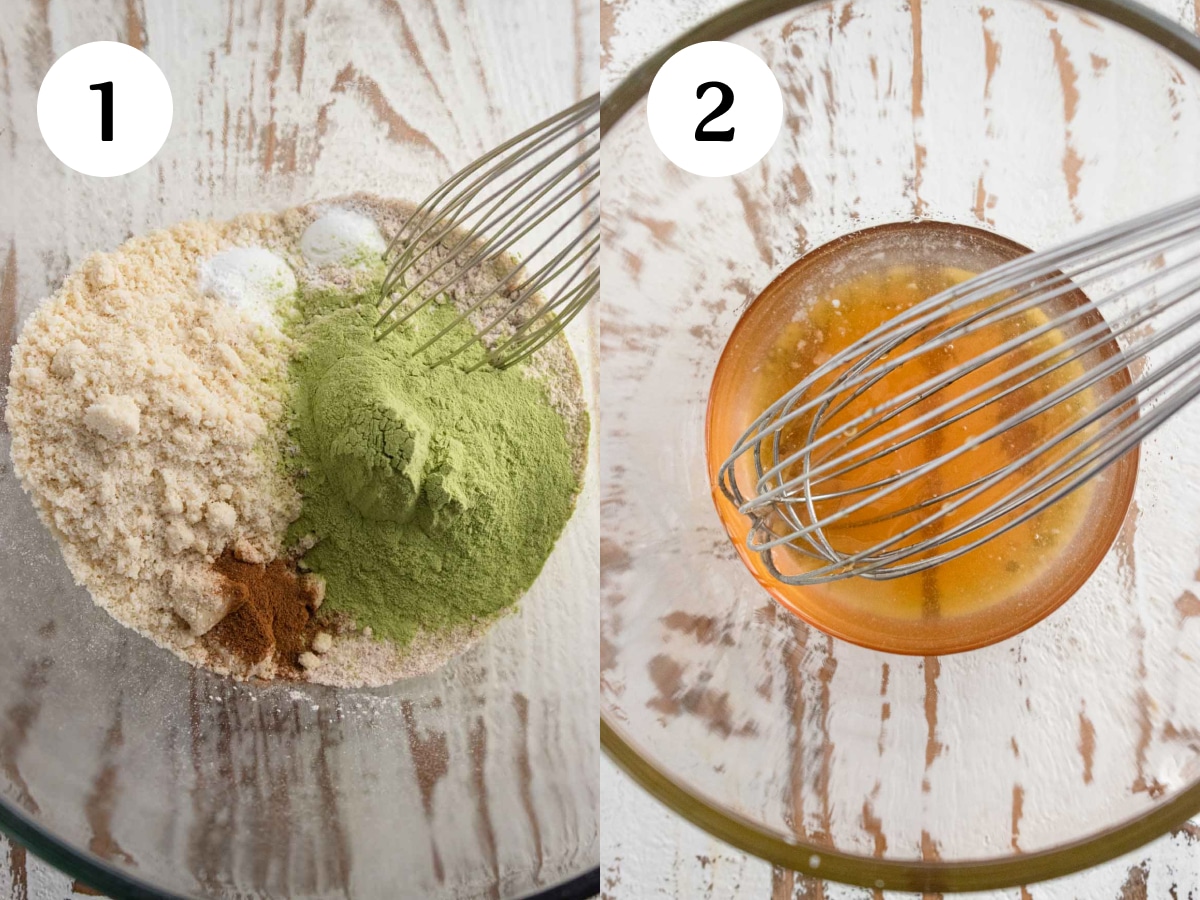 Steps 1 and 2 of the process to make these matcha muffins.  Step 1 is mixing all dry ingredients and step 2 is mixing oil and maple syrup.