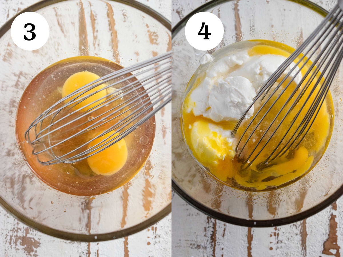 Steps 3 and 4 of the baking process. Step 3 is adding eggs to the maple syrup mixture and step 4 is adding plain greek yogurt.