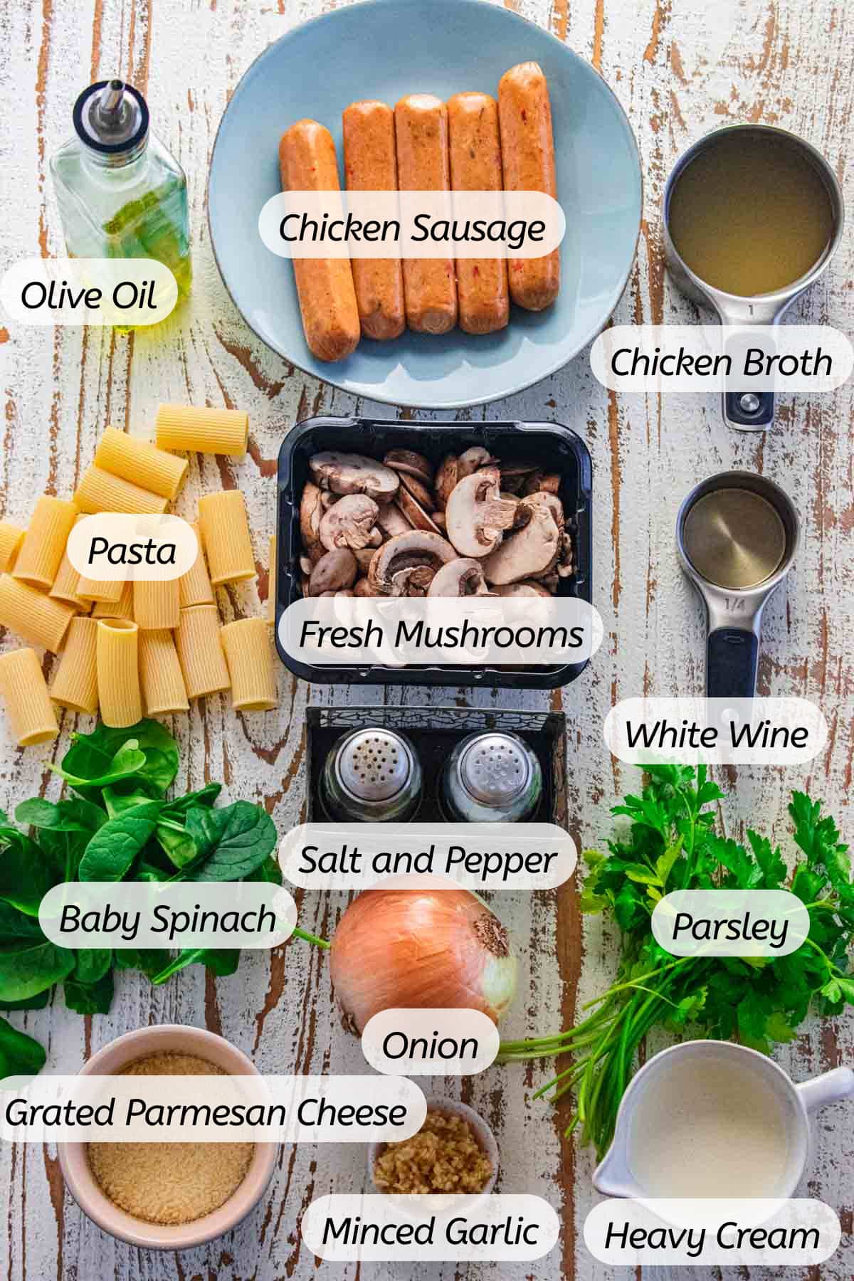 A birds-eye view of all the ingredients needed for this yummy meal with labels included. 