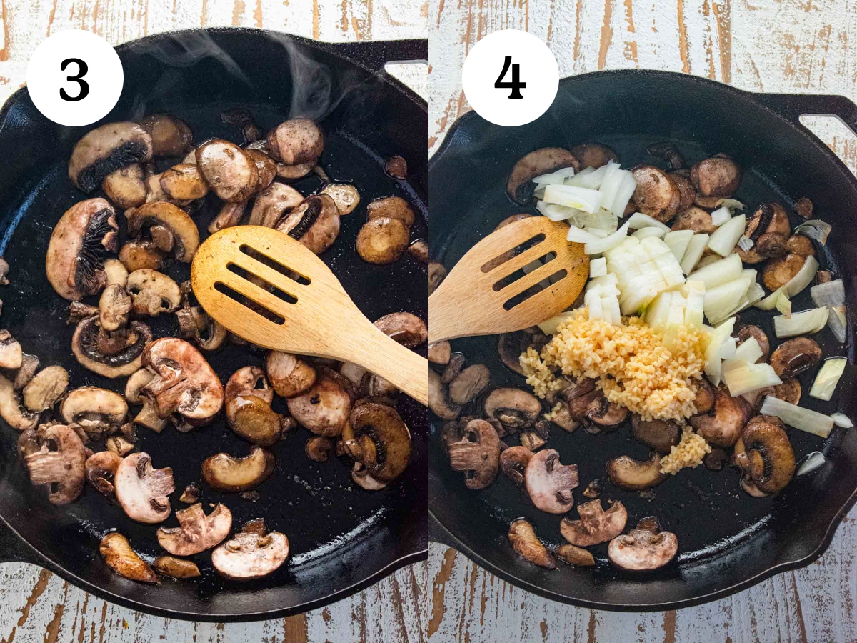 Steps 3 and 4 in the cooking process.  Step 3 is cooking mushrooms in a pan and step 4 is adding in garlic and onion. 