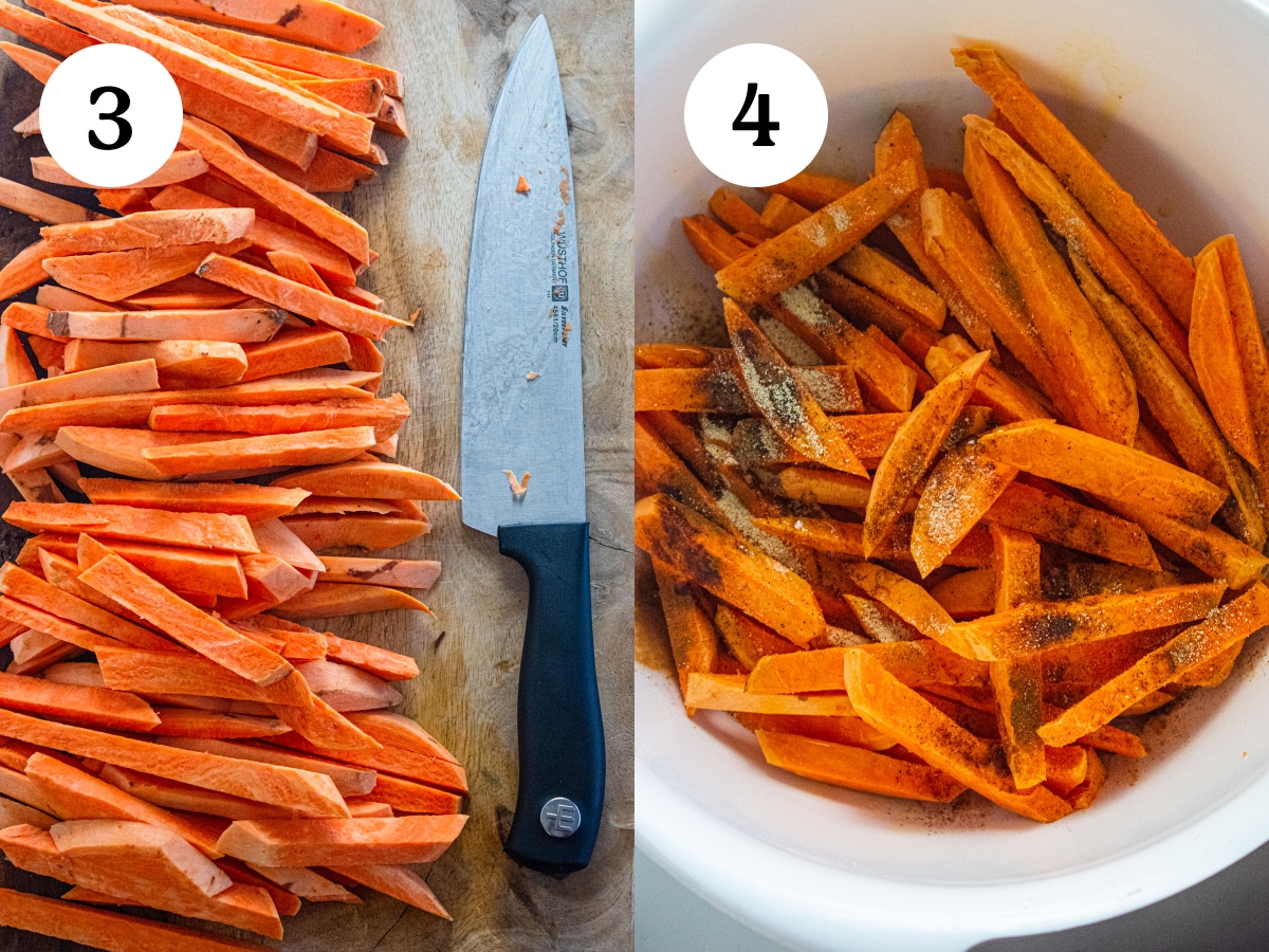 Steps 3 and 4 of the cooking process to make sweet potato fries in the air fryer. 