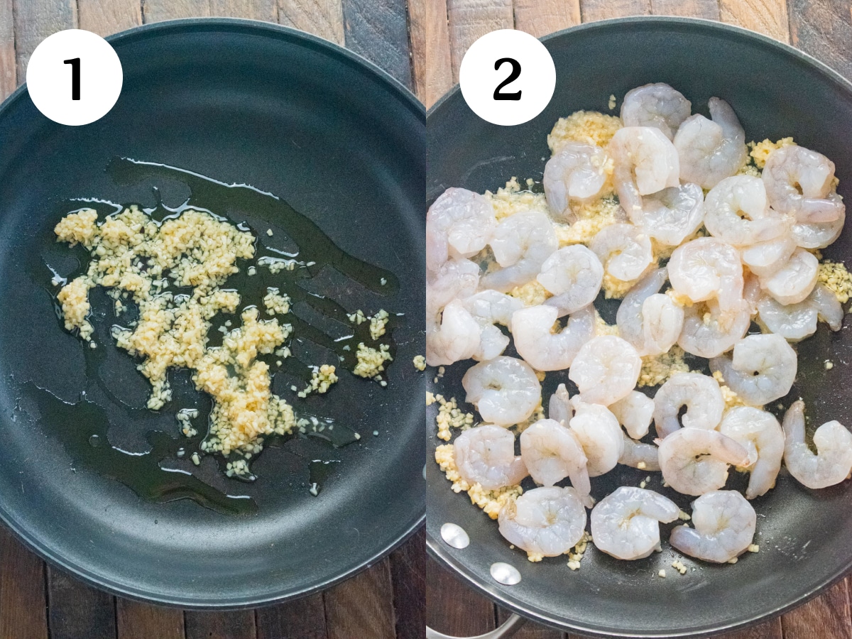 Steps 1 and 2 in the cooking process for this recipe. Step 1 is cooking garlic and step 2 is adding the shrimp.