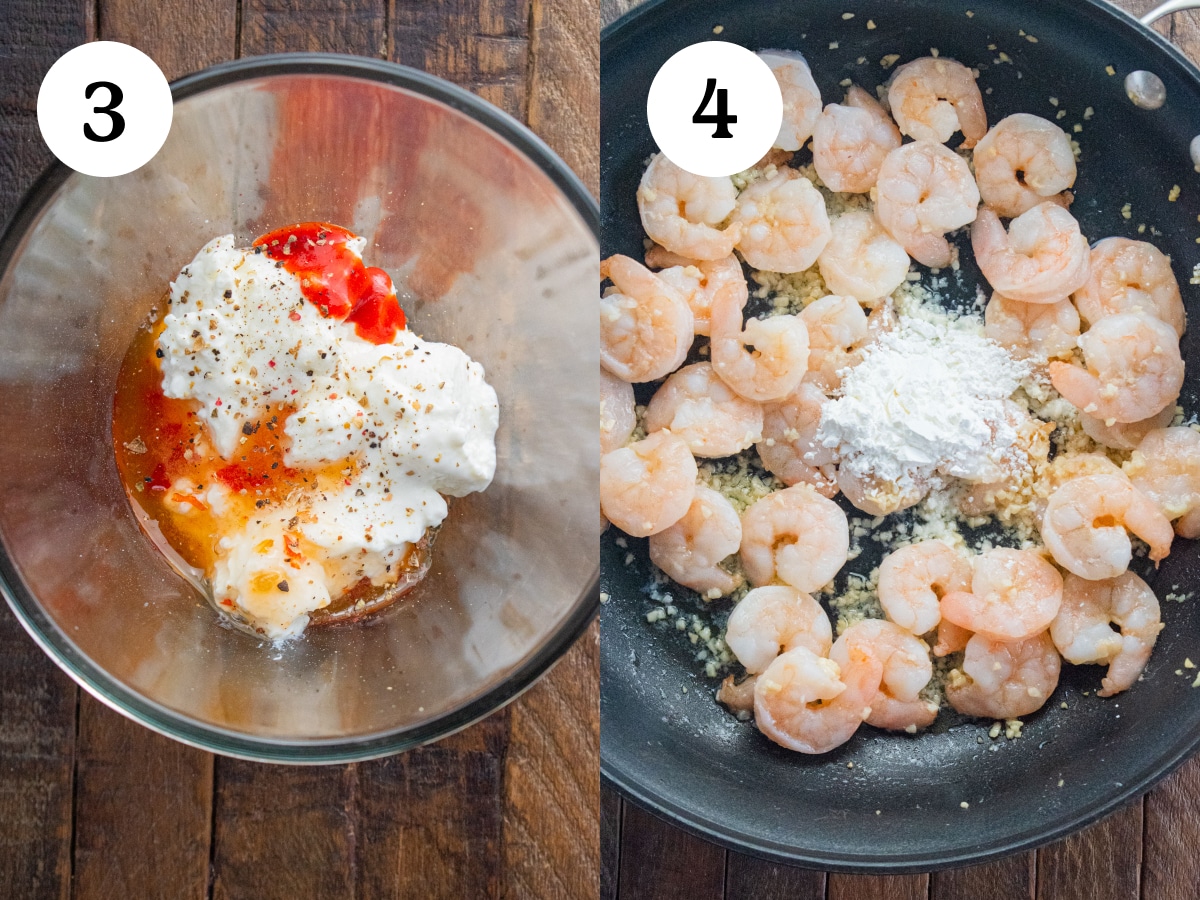 Steps 3 and 4 in the cooking process for this recipe. Step 3 is making the sauce and step 4 is adding cornstarch to your cooked shrimp.