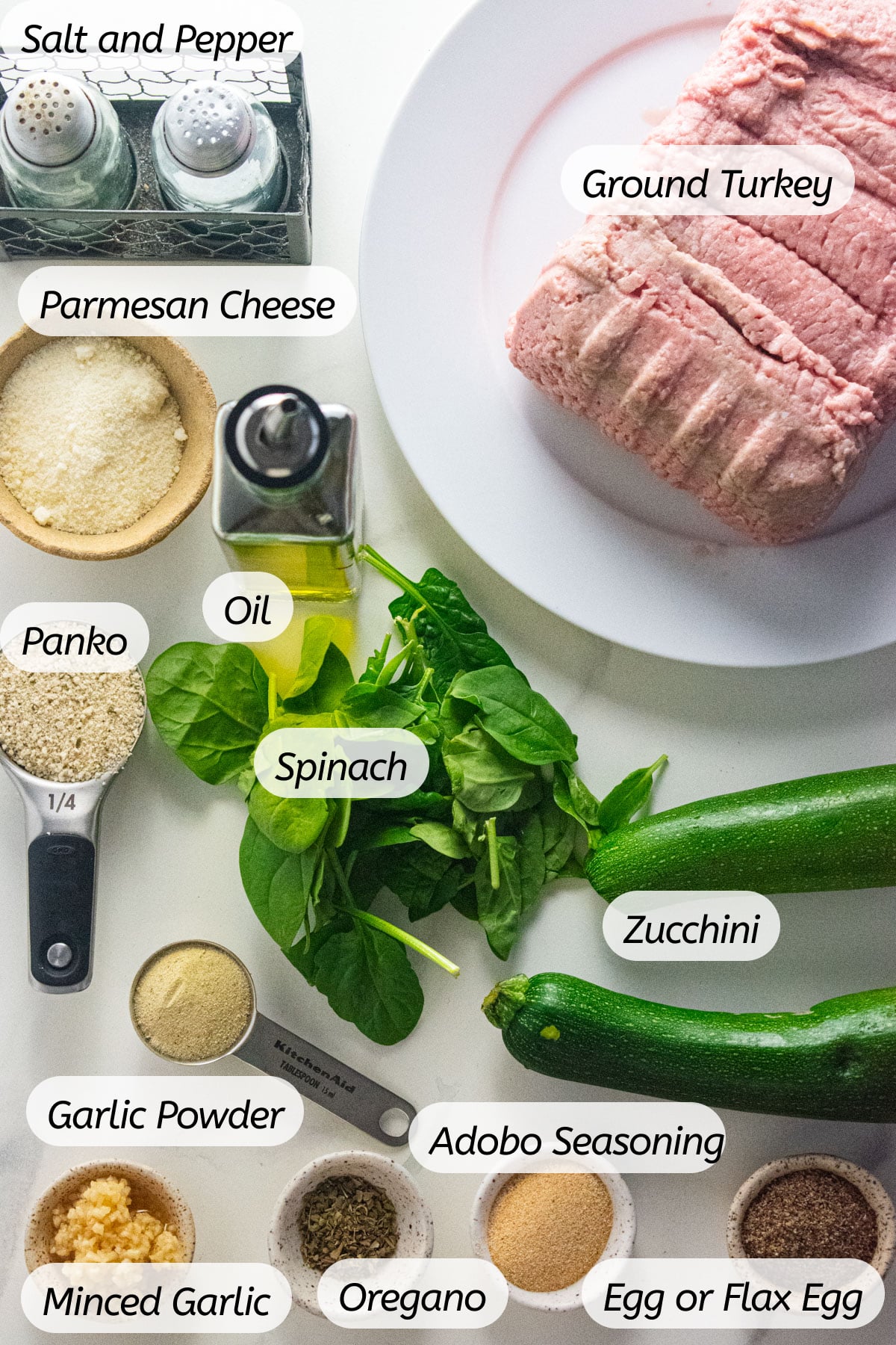 A birds-eye view of all the ingredients needed for this recipe with labels included.