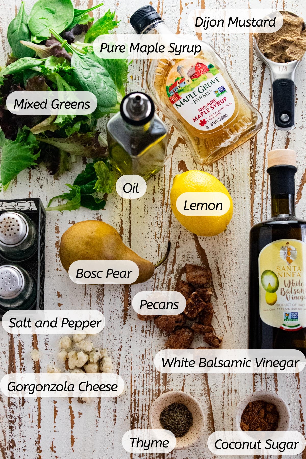 A birds-eye view of all the ingredients you will need for this recipe with labels included.